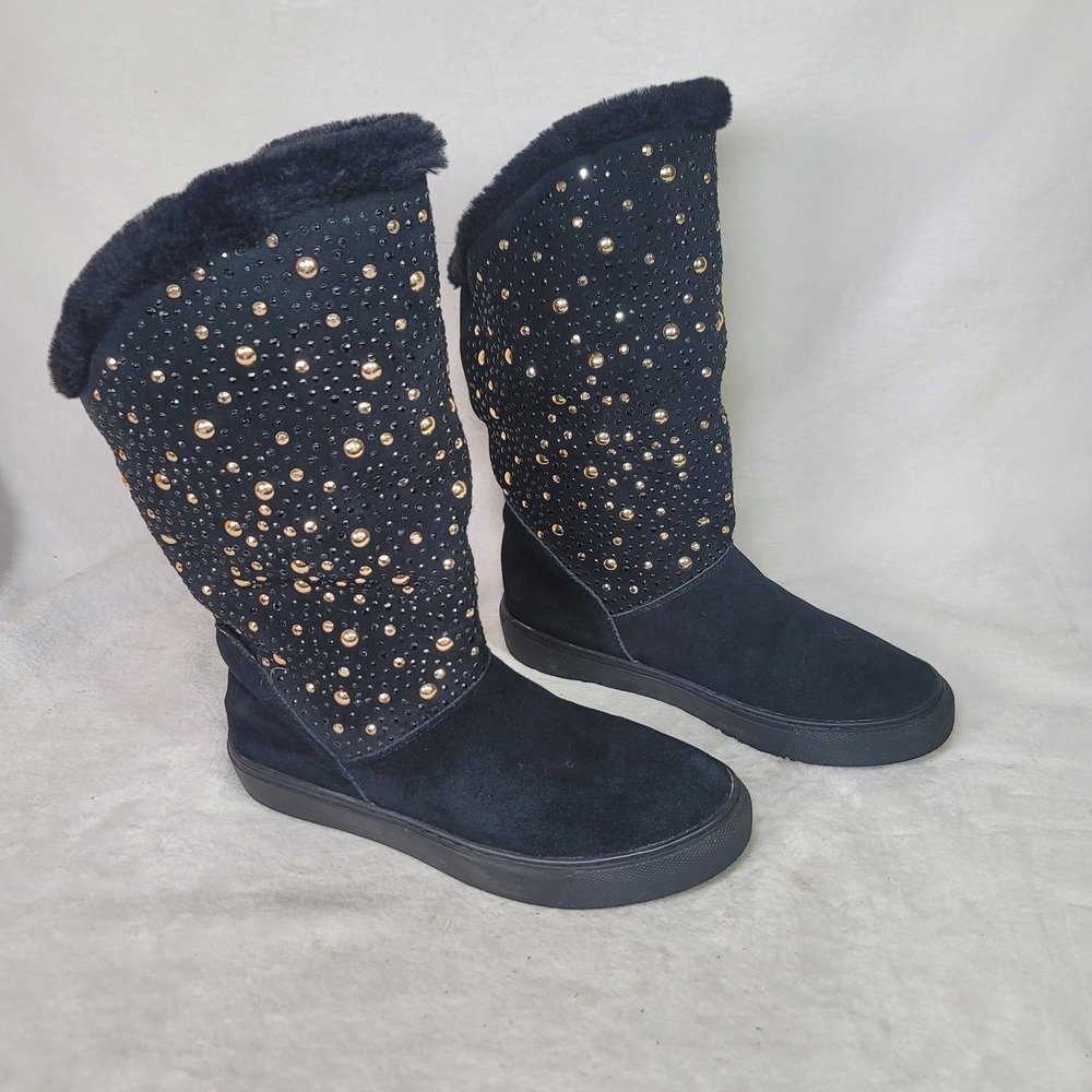 Skechers McBling Winter Nights Black Suede Boots Studded Glam Apres Ski Size 8